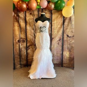 Light pink strapless beaded mesh formal prom dress